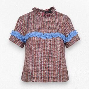 Zara Multicolor Tweed Blue Ruffle Trim Short Sleeve Boxy Crop Blouse Size Small